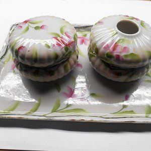 Vintage Japanese Hand Painted 3 Piece Porcelain Vanity Dresser Set